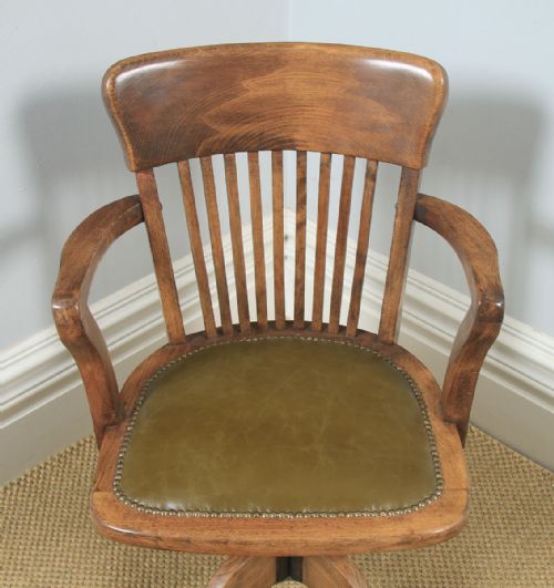 fig 3. Antique English Edwardian Solid Beech & Green Leather Revolving Office Desk Arm Chair (Circa 1910)