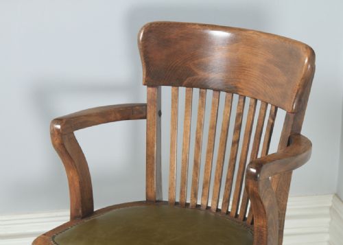 fig 4. Antique English Edwardian Solid Beech & Green Leather Revolving Office Desk Arm Chair (Circa 1910)