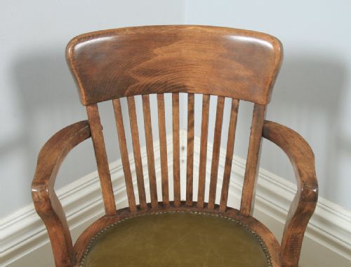 fig 5. Antique English Edwardian Solid Beech & Green Leather Revolving Office Desk Arm Chair (Circa 1910)