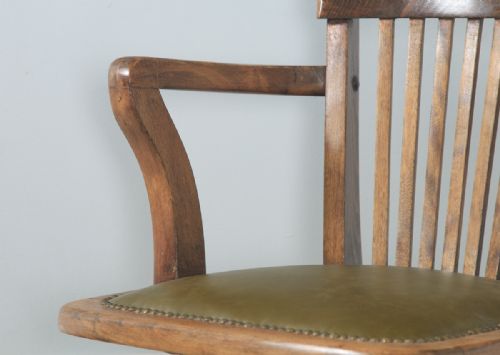 fig 6. Antique English Edwardian Solid Beech & Green Leather Revolving Office Desk Arm Chair (Circa 1910)
