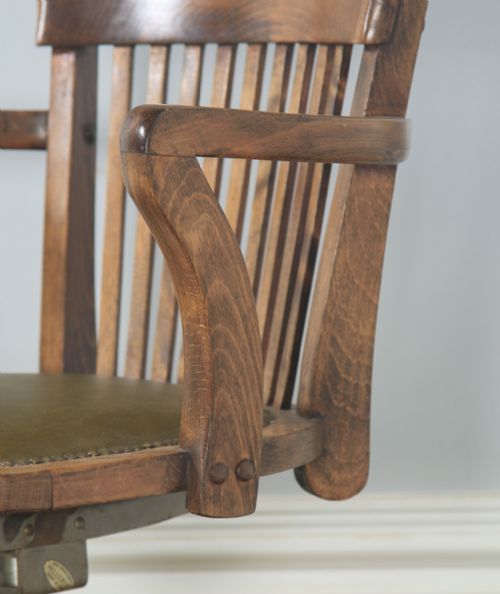 fig 7. Antique English Edwardian Solid Beech & Green Leather Revolving Office Desk Arm Chair (Circa 1910)