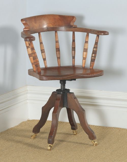 Antique English Victorian Solid Elm Revolving Office Desk Arm Chair by Glenisters of High Wycombe (Circa 1880)