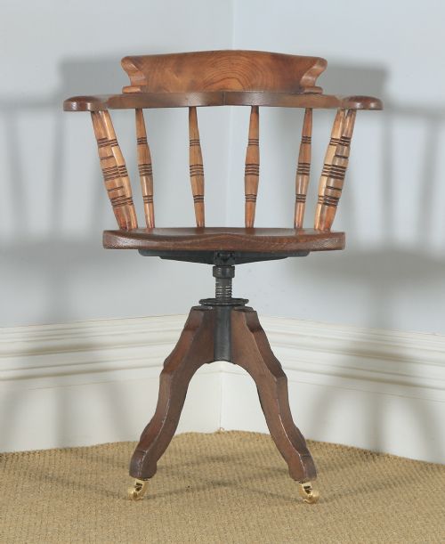 fig 1. Antique English Victorian Solid Elm Revolving Office Desk Arm Chair by Glenisters of High Wycombe (Circa 1880)