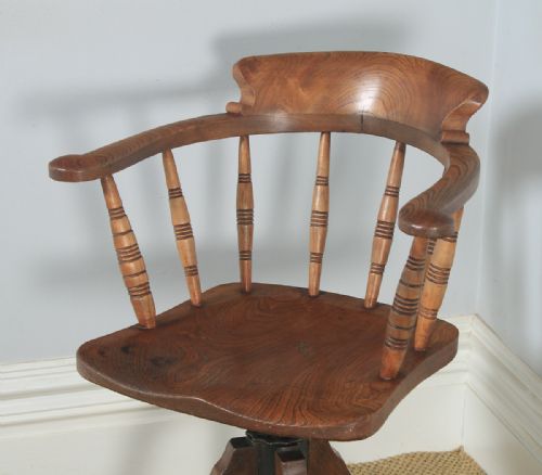 fig 2. Antique English Victorian Solid Elm Revolving Office Desk Arm Chair by Glenisters of High Wycombe (Circa 1880)