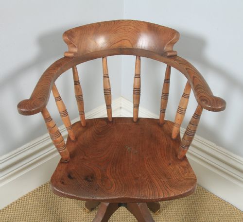 fig 3. Antique English Victorian Solid Elm Revolving Office Desk Arm Chair by Glenisters of High Wycombe (Circa 1880)