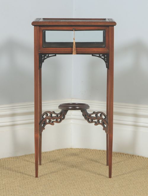 fig 1. Antique English Edwardian Chippendale Style Carved Solid Mahogany Glass Bijouterie Display Cabinet Table (Circa 1910)