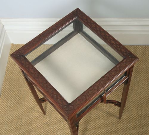 fig 2. Antique English Edwardian Chippendale Style Carved Solid Mahogany Glass Bijouterie Display Cabinet Table (Circa 1910)