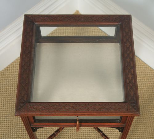 fig 4. Antique English Edwardian Chippendale Style Carved Solid Mahogany Glass Bijouterie Display Cabinet Table (Circa 1910)