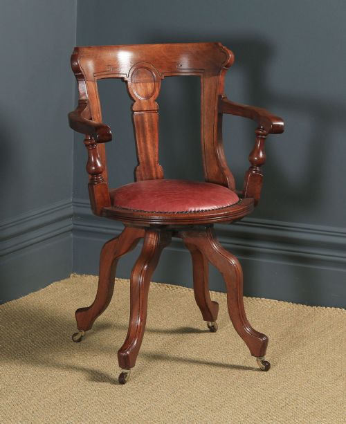Antique English Victorian Walnut & Burgundy Red Leather Office Desk Arm Chair (Circa 1880)