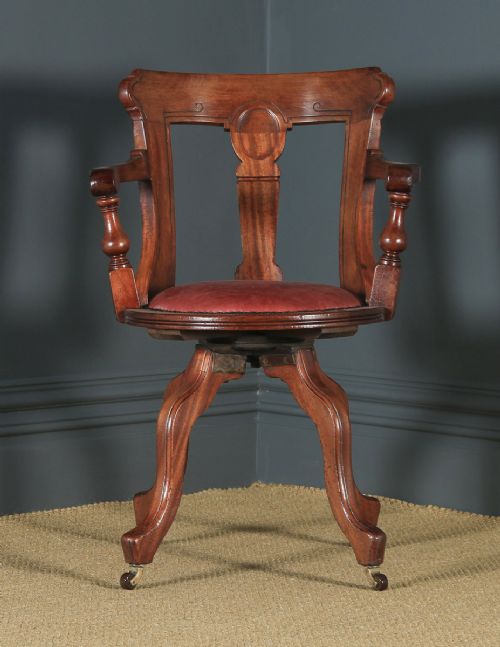 fig 1. Antique English Victorian Walnut & Burgundy Red Leather Office Desk Arm Chair (Circa 1880)