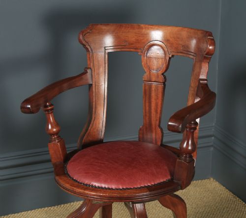 fig 2. Antique English Victorian Walnut & Burgundy Red Leather Office Desk Arm Chair (Circa 1880)