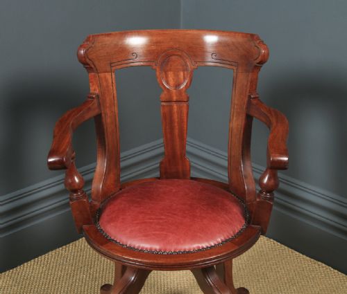 fig 3. Antique English Victorian Walnut & Burgundy Red Leather Office Desk Arm Chair (Circa 1880)