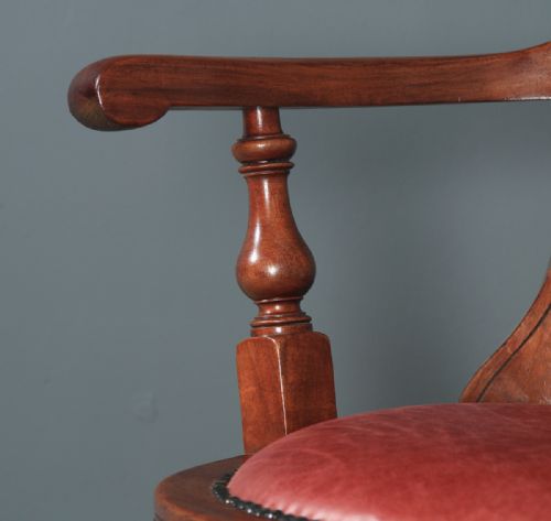 fig 6. Antique English Victorian Walnut & Burgundy Red Leather Office Desk Arm Chair (Circa 1880)
