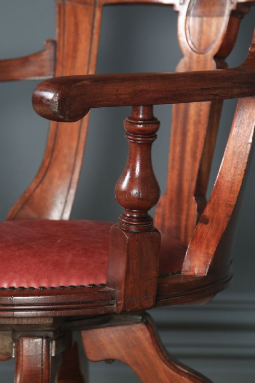 fig 7. Antique English Victorian Walnut & Burgundy Red Leather Office Desk Arm Chair (Circa 1880)