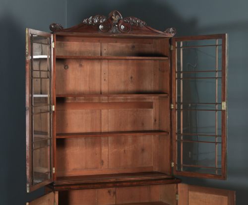 fig 8. Antique English William IV Figured Mahogany Two Door Glazed Library Office Bookcase Cupboard (Circa 1835)