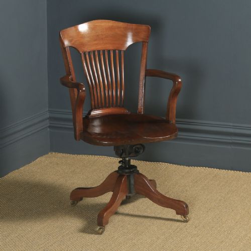 Antique English Edwardian Solid Walnut Revolving Office Desk Arm Chair (Circa 1910)