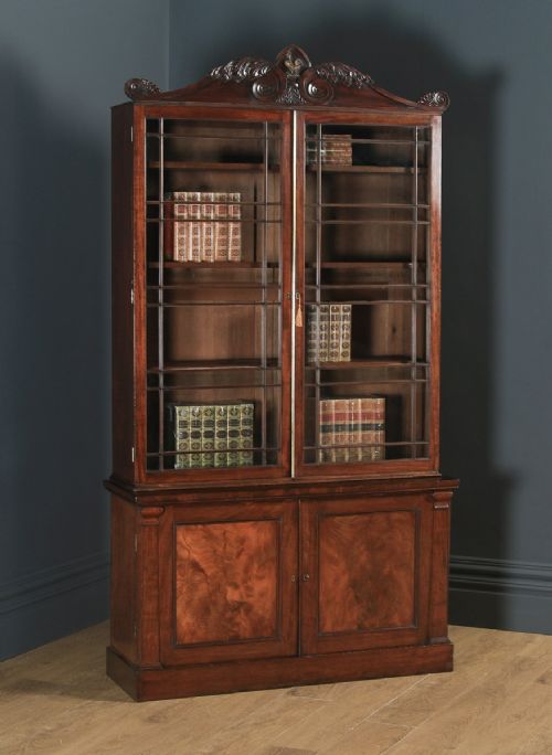 Antique English William IV Figured Mahogany Two Door Glazed Library Office Bookcase Cupboard (Circa 1835)