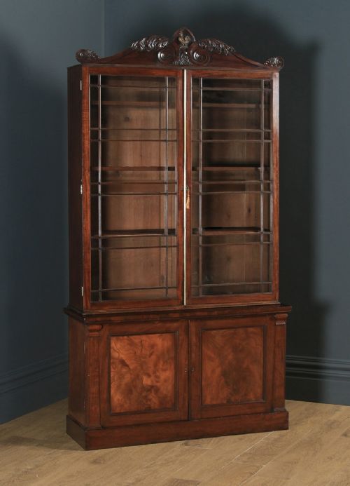 fig 1. Antique English William IV Figured Mahogany Two Door Glazed Library Office Bookcase Cupboard (Circa 1835)