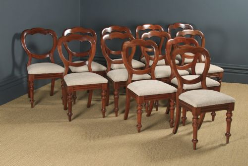 Antique English Victorian Set of 12 Twelve Mahogany Balloon Crown Back Dining Chairs (Circa 1860)