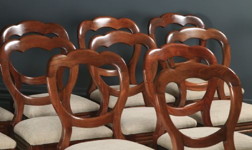 fig 2. Antique English Victorian Set of 12 Twelve Mahogany Balloon Crown Back Dining Chairs (Circa 1860)