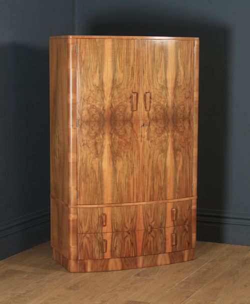 Antique English Art Deco Figured Walnut Two Door Bow Wardrobe Chest (Circa 1930)