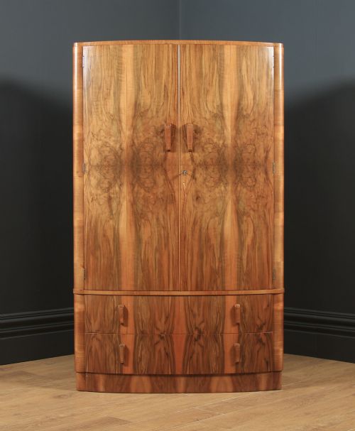 fig 1. Antique English Art Deco Figured Walnut Two Door Bow Wardrobe Chest (Circa 1930)