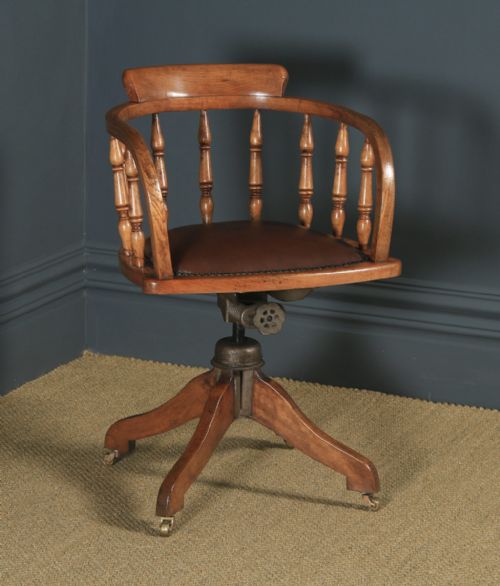 Antique English Edwardian Solid Ash & Brown Leather Revolving Office Desk Arm Chair (Circa 1910)