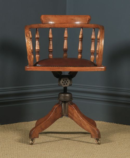 fig 1. Antique English Edwardian Solid Ash & Brown Leather Revolving Office Desk Arm Chair (Circa 1910)