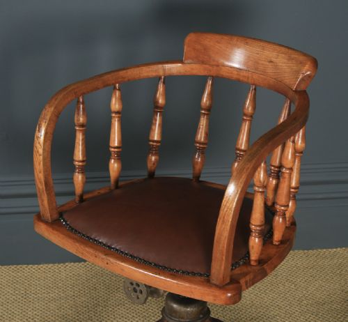 fig 2. Antique English Edwardian Solid Ash & Brown Leather Revolving Office Desk Arm Chair (Circa 1910)
