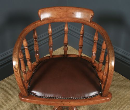 fig 3. Antique English Edwardian Solid Ash & Brown Leather Revolving Office Desk Arm Chair (Circa 1910)