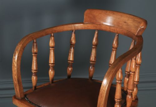 fig 4. Antique English Edwardian Solid Ash & Brown Leather Revolving Office Desk Arm Chair (Circa 1910)