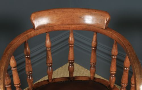 fig 5. Antique English Edwardian Solid Ash & Brown Leather Revolving Office Desk Arm Chair (Circa 1910)