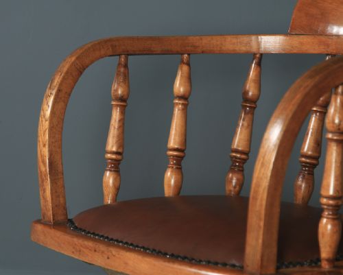 fig 6. Antique English Edwardian Solid Ash & Brown Leather Revolving Office Desk Arm Chair (Circa 1910)