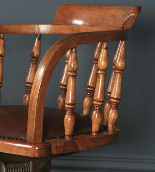 fig 7. Antique English Edwardian Solid Ash & Brown Leather Revolving Office Desk Arm Chair (Circa 1910)