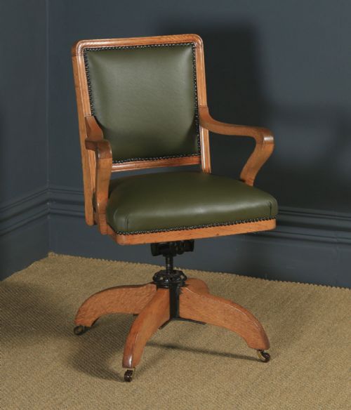 Antique English Edwardian Solid Oak & Sage Green Leather Revolving High Back Office Desk Arm Chair (Circa 1910)