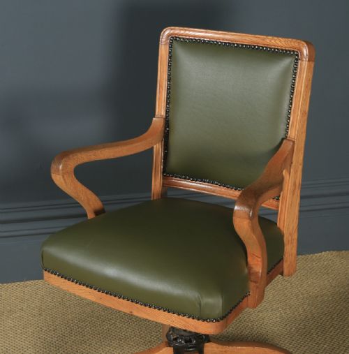 fig 1. Antique English Edwardian Solid Oak & Sage Green Leather Revolving High Back Office Desk Arm Chair (Circa 1910)
