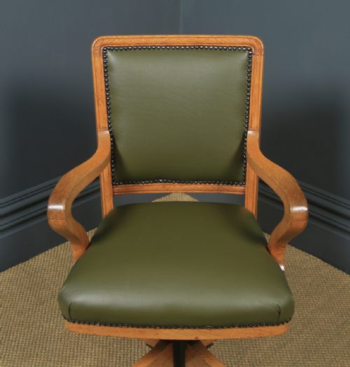 fig 2. Antique English Edwardian Solid Oak & Sage Green Leather Revolving High Back Office Desk Arm Chair (Circa 1910)
