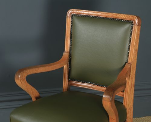 fig 3. Antique English Edwardian Solid Oak & Sage Green Leather Revolving High Back Office Desk Arm Chair (Circa 1910)