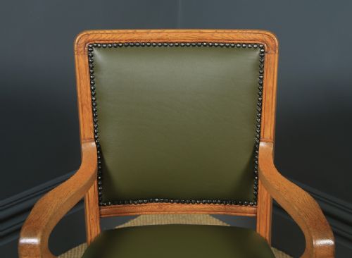 fig 4. Antique English Edwardian Solid Oak & Sage Green Leather Revolving High Back Office Desk Arm Chair (Circa 1910)