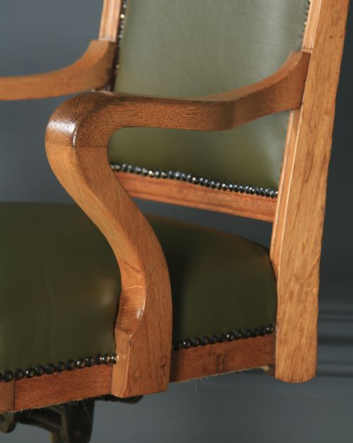 fig 6. Antique English Edwardian Solid Oak & Sage Green Leather Revolving High Back Office Desk Arm Chair (Circa 1910)