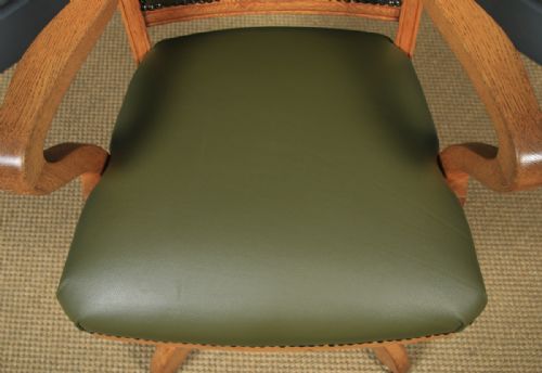 fig 7. Antique English Edwardian Solid Oak & Sage Green Leather Revolving High Back Office Desk Arm Chair (Circa 1910)