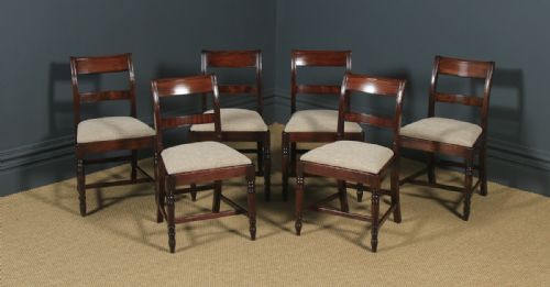 Antique English Georgian Regency Set of Six Flame Mahogany Bar Back Dining Chairs (Circa 1830)