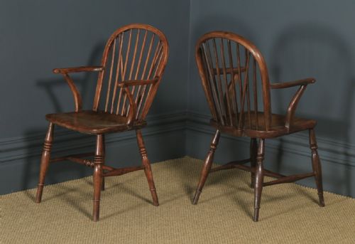 fig 6. Antique English Set of 12 Twelve Victorian Ash & Elm Windsor Stick & Hoop Back Kitchen Chairs (Circa 1880 - 1920)