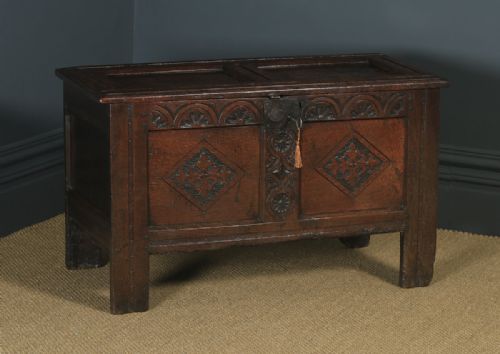 fig 1. Antique English 18th Century Georgian Oak Joined & Panelled Coffer Chest Blanket Box Trunk (Circa 1730)