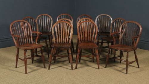 Antique English Set of 12 Twelve Victorian Ash & Elm Windsor Stick & Hoop Back Kitchen Chairs (Circa 1880 - 1920)