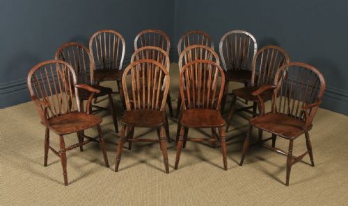 fig 1. Antique English Set of 12 Twelve Victorian Ash & Elm Windsor Stick & Hoop Back Kitchen Chairs (Circa 1880 - 1920)