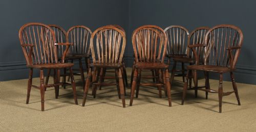 fig 2. Antique English Set of 12 Twelve Victorian Ash & Elm Windsor Stick & Hoop Back Kitchen Chairs (Circa 1880 - 1920)