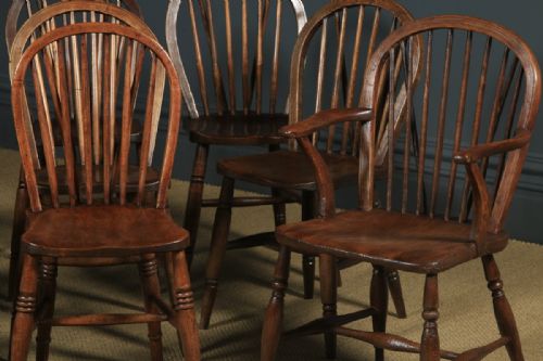 fig 4. Antique English Set of 12 Twelve Victorian Ash & Elm Windsor Stick & Hoop Back Kitchen Chairs (Circa 1880 - 1920)