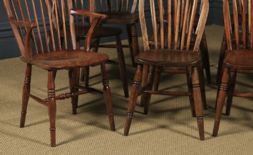fig 5. Antique English Set of 12 Twelve Victorian Ash & Elm Windsor Stick & Hoop Back Kitchen Chairs (Circa 1880 - 1920)