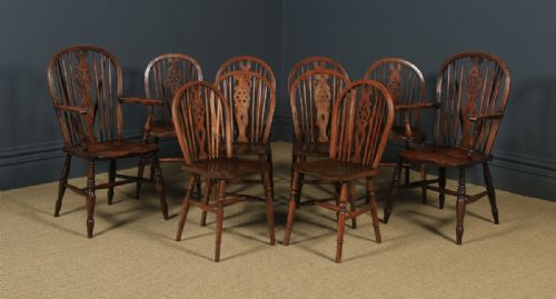 Antique English Set of 10 Ten Ash & Elm Windsor Wheel Back Kitchen Chairs (Circa 1900 - 1930)